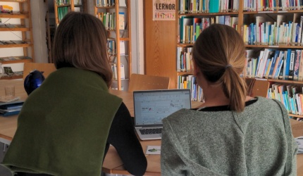 Praktikantin und Mitarbeiterin besprechen ein Projekt am Computer - sind von hinten zu sehen