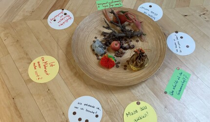 Auf einem Parkettboden steht eine flache Holzschale; in der Schale verschiedene Materialien (ein Apfel, ein Ast, Kaffeebohnen, 1-Cent-Stücke, Nüsse); um die Schale herum liegen runde farbige Zettel mit verschiedenen Fragen (z.B. Macht Geld glücklich) 